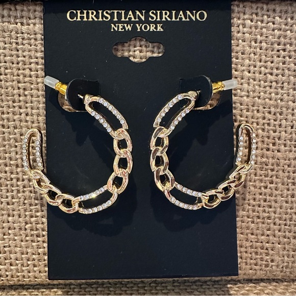 NWT Christian Siriano of New York Earrings- gold hoops with clear rhinestones - Picture 2 of 7